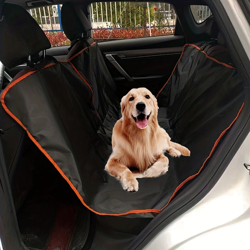 Heavy-duty waterproof dog car seat cover with bright orange trim, ideal for travel and protecting rear bench from scratches and dirt.