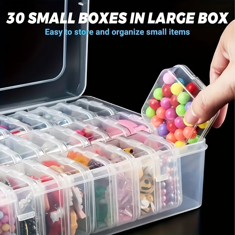 Spacious jewelry box with 30 compartments, clear plastic storage for pearls and small items.