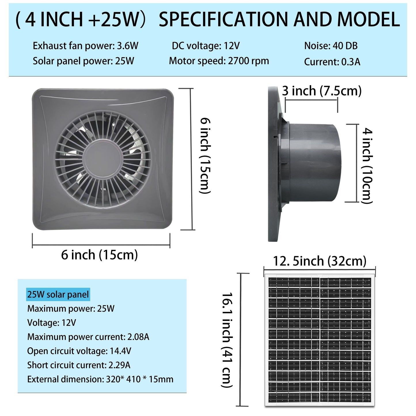 Solar-powered 10.16cm fan with weatherproof design and durable aluminum housing. Perfect for chicken coops, sheds, and greenhouses. Includes 5m cable.