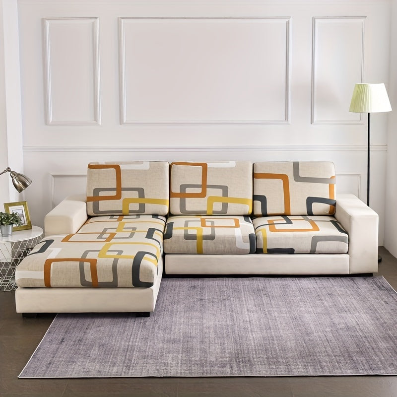 L-shaped sofa slipcover with geometric pattern, non-slip and elastic, perfect for protecting furniture in any room.