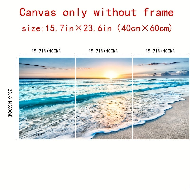 Modern Wave Beach Sunset canvas painting, 3 pieces, sizes 39.88cmx59.94cm, for home decoration in living room or bedroom, frameless.