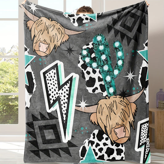 Fluffy blanket with adorable cow and lightning design, cozy and cozy for use on the couch or bed, perfect for home or office use all year round. Available in a variety of vibrant colors, with a modern and stylish digital print. Made of soft polyester