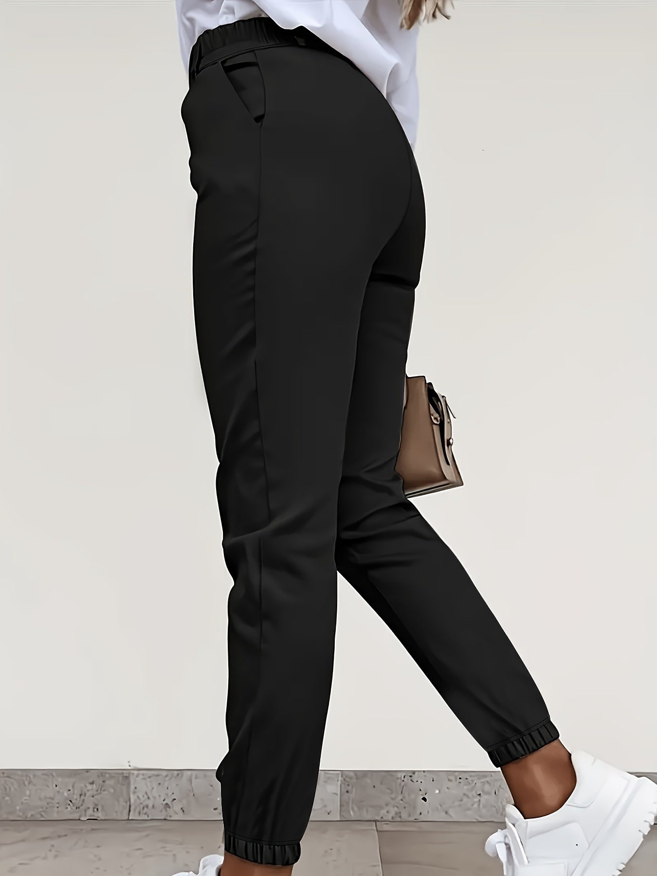 Women's Casual Slim Fit Pants with Side Pockets, 100% Polyester Knit Fabric, Solid Color, Zipper Detail, All-Season Comfort - Adult, Commuting, Long