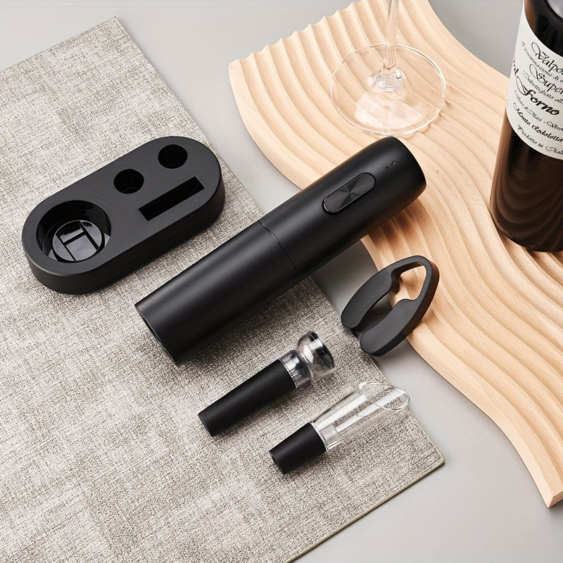 Electric wine bottle opener set includes: automatic opener, spiral cork drill, vacuum fresh-keeping cork, pourer, and storage set. Dimensions: 8.38cm X 20.57cm.