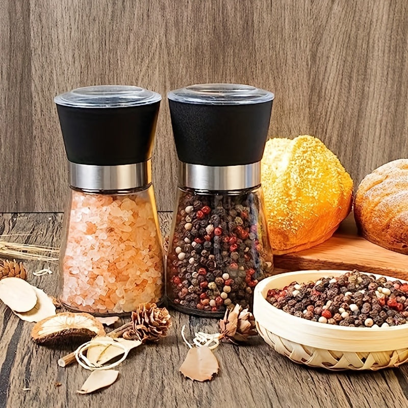 Set of 2 Reusable Glass Pepper and Sea Salt Grinders - Manual Spice Crushers for BBQ, Picnics, Camping, Kitchen Gadgets, and Back to School Supplies Kitchen Accessories