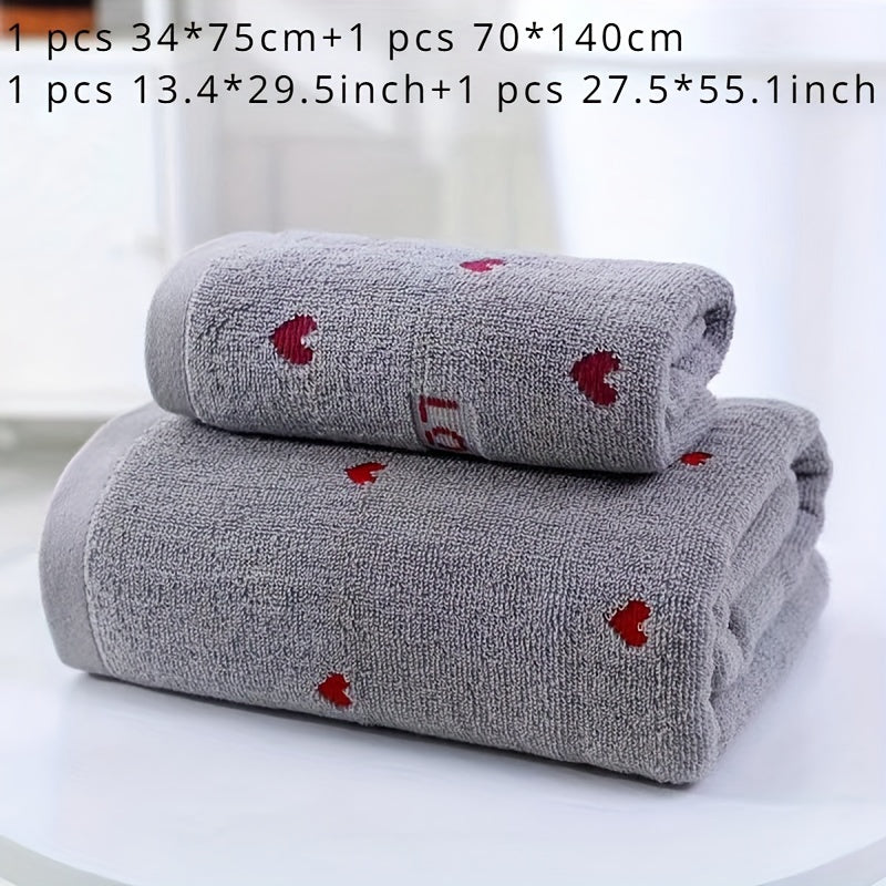 100% Cotton Towel Set with Heart Pattern, 2 pieces. Includes 1 hand towel (34x75cm) and 1 bath towel (70x140cm). Soft, absorbent, unscented. Great for couples, home use, and Valentine's Day