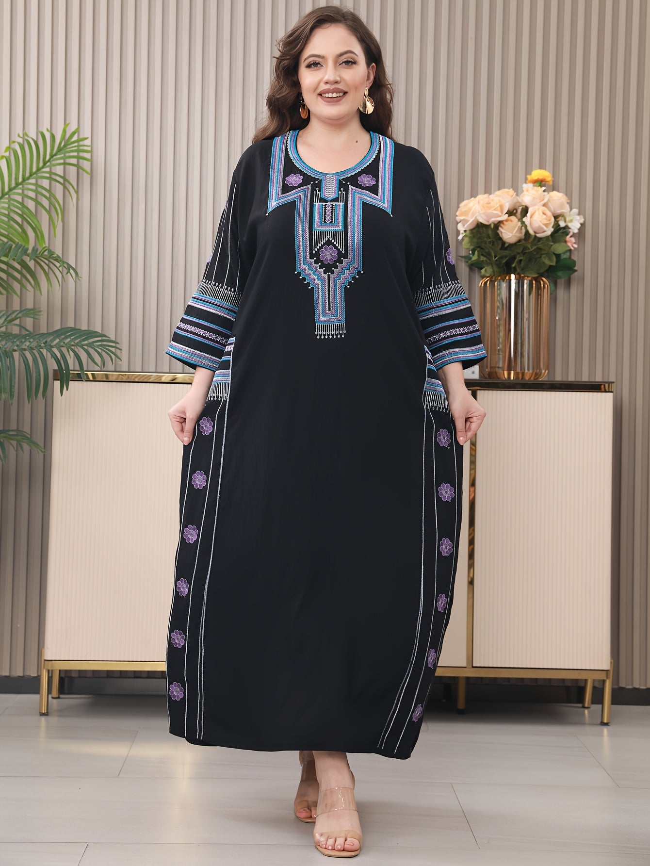 Embroidered kaftan dress in tribal pattern, loose fit, suitable for all seasons, made from polyester blend with rayon and spandex, has three quarter length sleeves and non-stretch woven