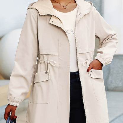 Plus size beige trench coat with hood in casual polyester, knee-length with long sleeves. Features zip-up closure, adjustable drawstring waist, and pockets.