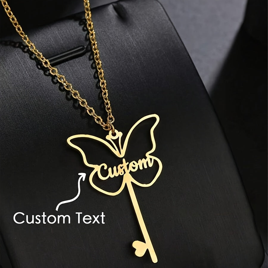 Exquisite Butterfly Key Pendant Necklace - Crafted from 18K Gold Plated Stainless Steel, Personalized with Your Name in English - Ideal for Everyday Outfits & Special Occasions like Valentine's Day, Mother's Day, and Christmas, Featuring a Unique Key