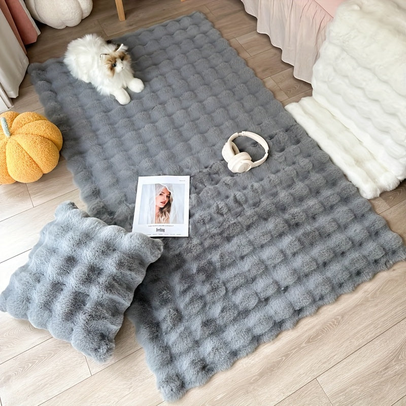 High-Quality Soft Fluffy Bubble Velvet Carpet, Ideal for Bedroom, Living Room, Cloakroom, Powder Room, and Other Areas. This Artificial Rabbit Fur Area Carpet is Solid Color for a Luxurious Look. Featuring Anti-Slip, Waterproof, and Stain-Resistant