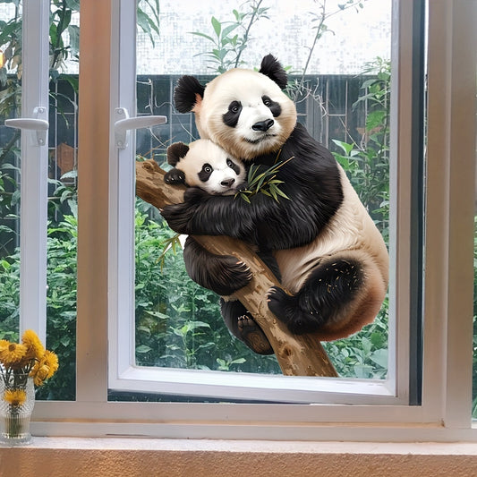 Dual-Sided Window Cling featuring a Realistic Panda Family - Reusable Vinyl Decal with Electrostatic Adhesion for Home and Office Decor