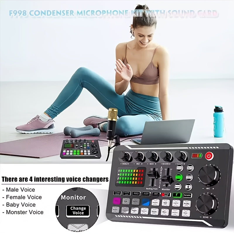 1pc F998 Live Sound Card with DJ Mixing Effects, Vocoder, Rechargeable Battery, USB Audio Interface - Podcasting, Live Streaming, Gaming - Plastic, Black, Dual Power Mode.