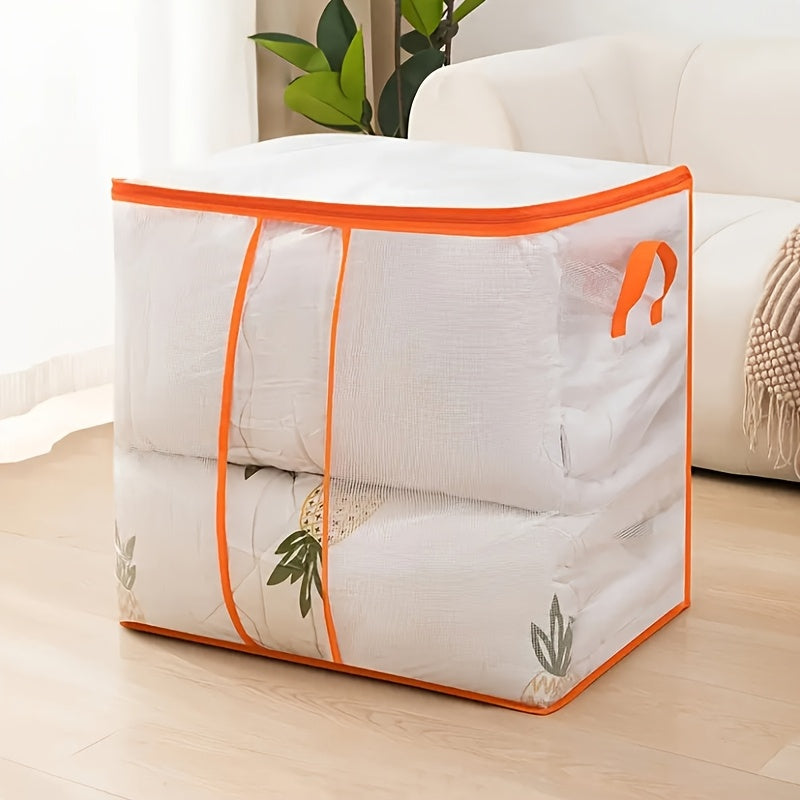 Large capacity transparent PVC storage bag with fixed handles, waterproof and dustproof, ideal for organizing dorm clothes and bedding, as well as providing a practical under-bed storage solution in the bedroom.