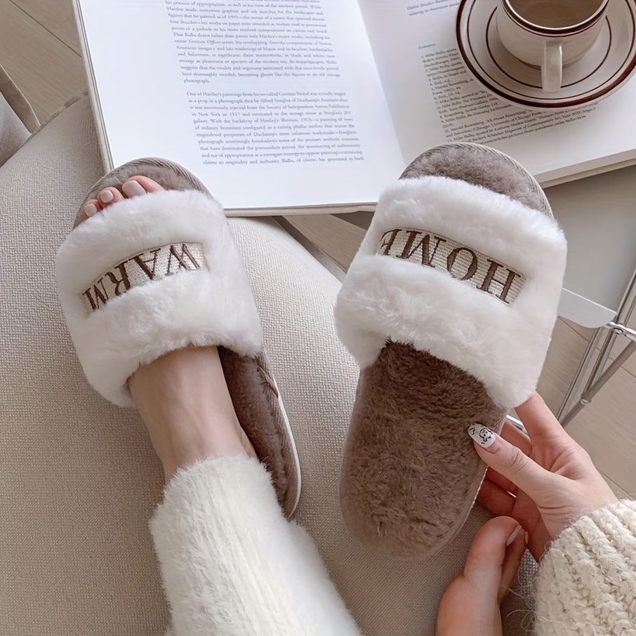 Comfortable women's slippers with "HOME WARM" embroidery, faux fur lined, non-slip for all seasons.