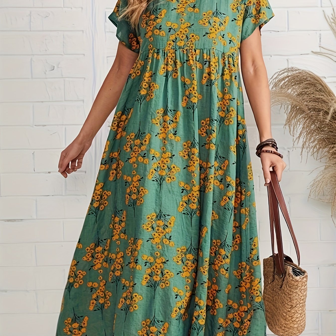 Polyester A-Line midi dress with floral print and drop shoulder sleeves, ideal for spring/summer/fall.