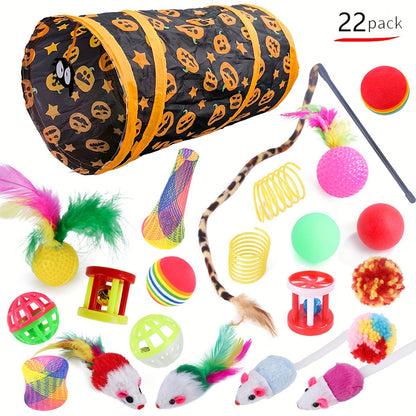 22-piece cat toy set with tunnel, crinkle balls, feathers, and playballs for interactive play, perfect for indoor cats.