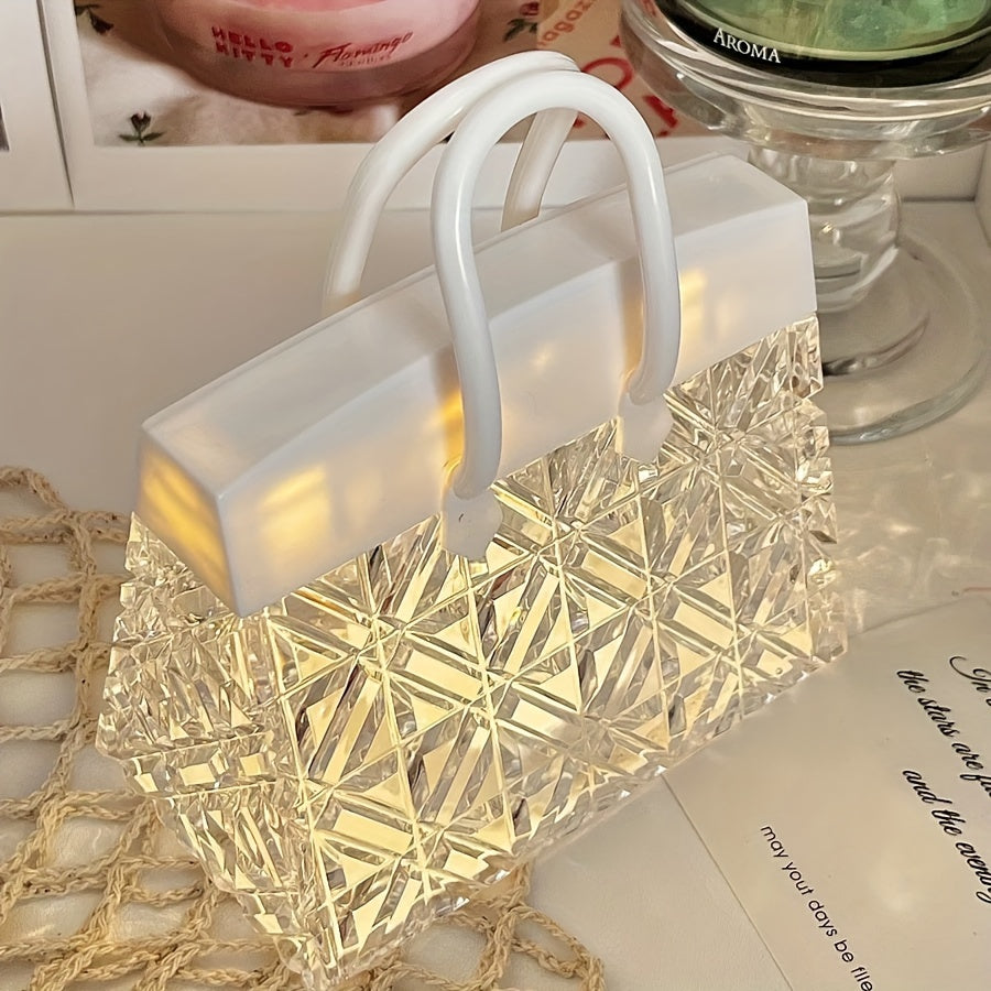 Chic Bag LED Night Light featuring a romantic petal design, ideal for bedroom ambiance and home decor. Battery-powered table light with 3D visual effect, great as a housewarming gift. By GMNEE.