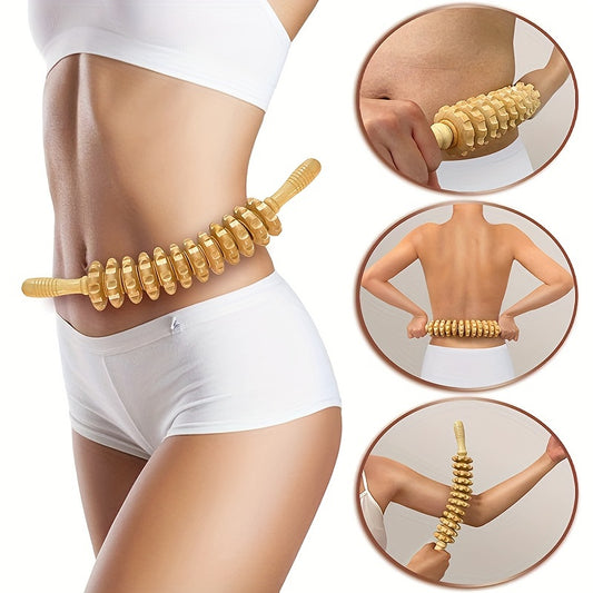 1pc wooden handheld roller with 12 rollers for muscle tension relief in back, hands, and legs.