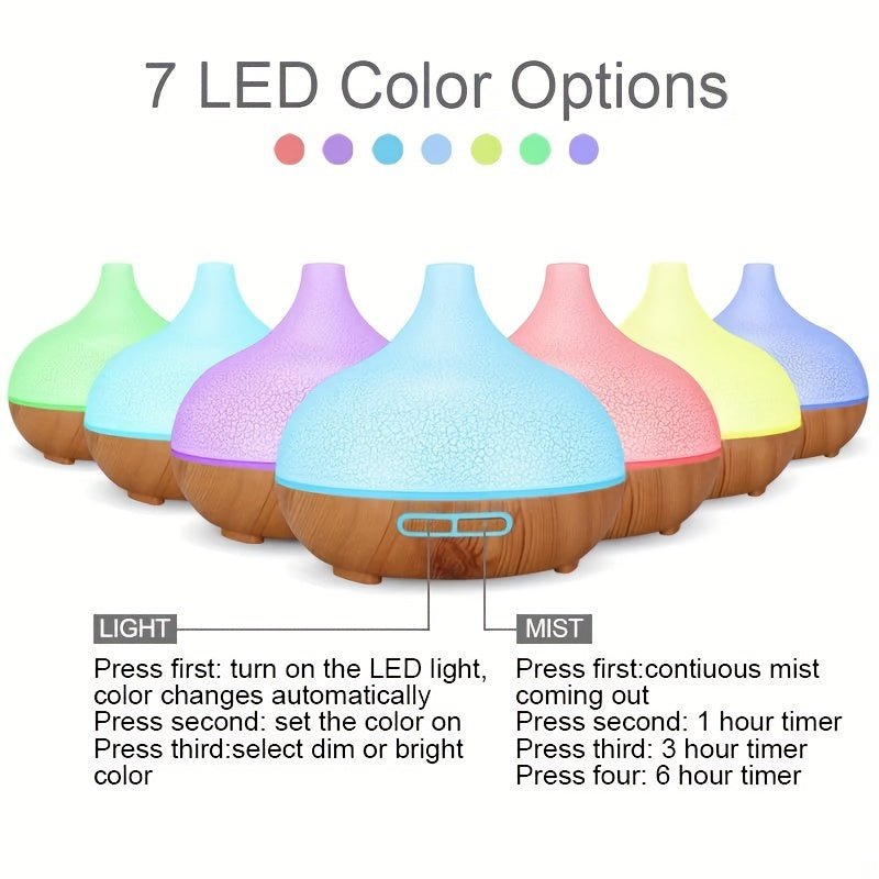 550ml Ultrasonic Aroma Diffuser with 7 LED Colors, USB Powered for Home or Office - Timer Function Oil Dispenser