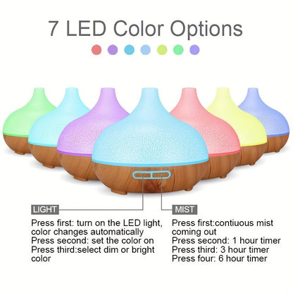 550ml Ultrasonic Aroma Diffuser with 7 LED Colors, USB Powered for Home or Office - Timer Function Oil Dispenser