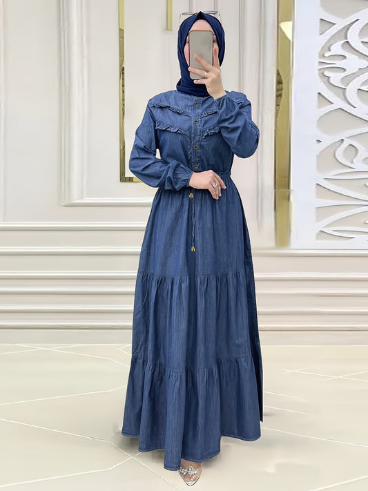 Ramadan Button Front Modest Dress, Women's Elegant Long Sleeve Loose Maxi Dress.