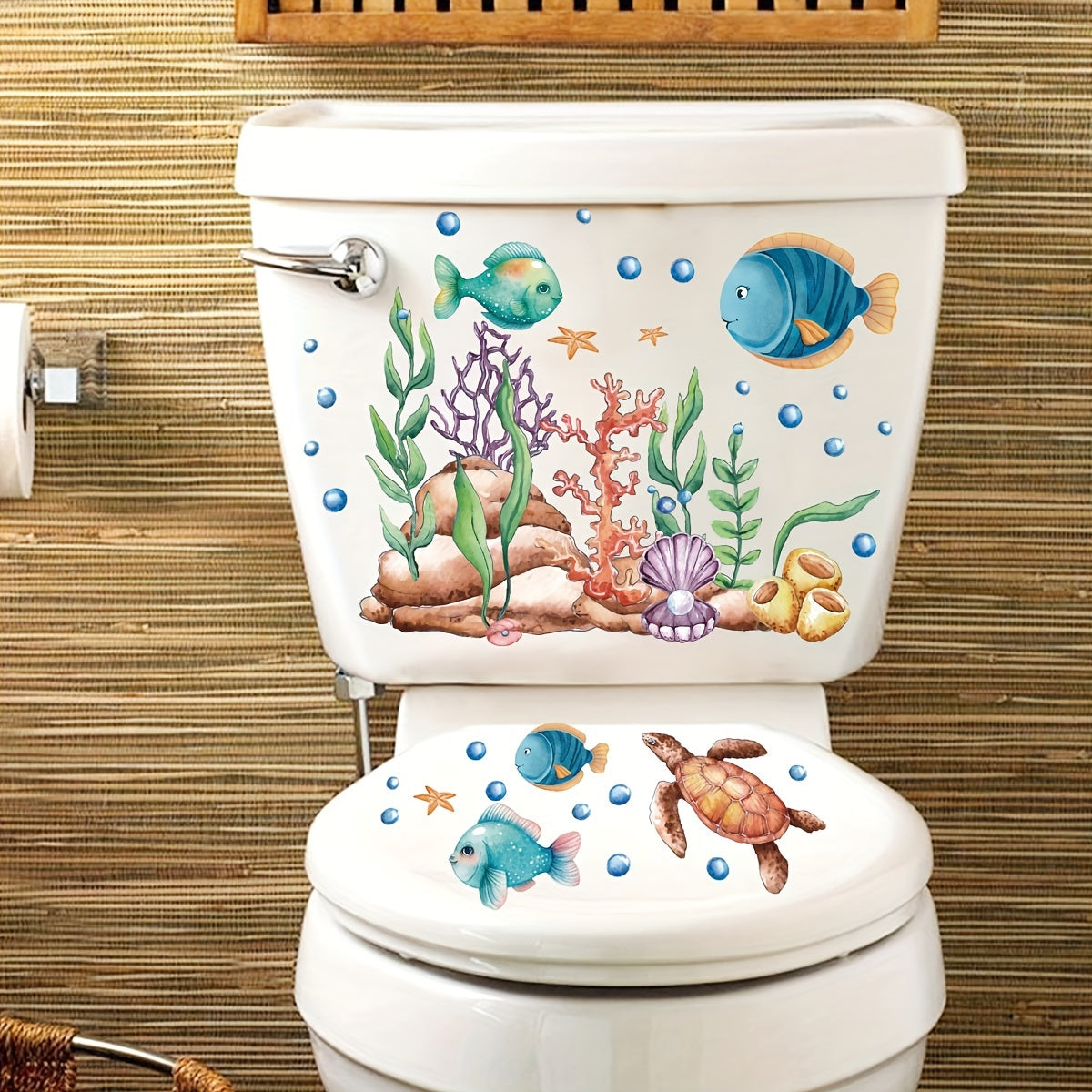 Ocean Series Toilet Sticker Set: Includes lid decal, tank sticker, and wall sticker for restroom renovation. Self-adhesive, removable decals for home decoration. Aesthetic and essential funny items.