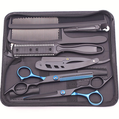 Japanese stainless hair cutting scissors and thinning shears set for barber shops and hairdressing, includes combs and razor