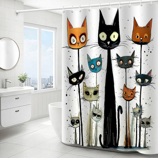 Water-resistant WhimsyCat shower curtain with artsy kitten design and hooks, machine washable and elegant for year-round bathroom decor.