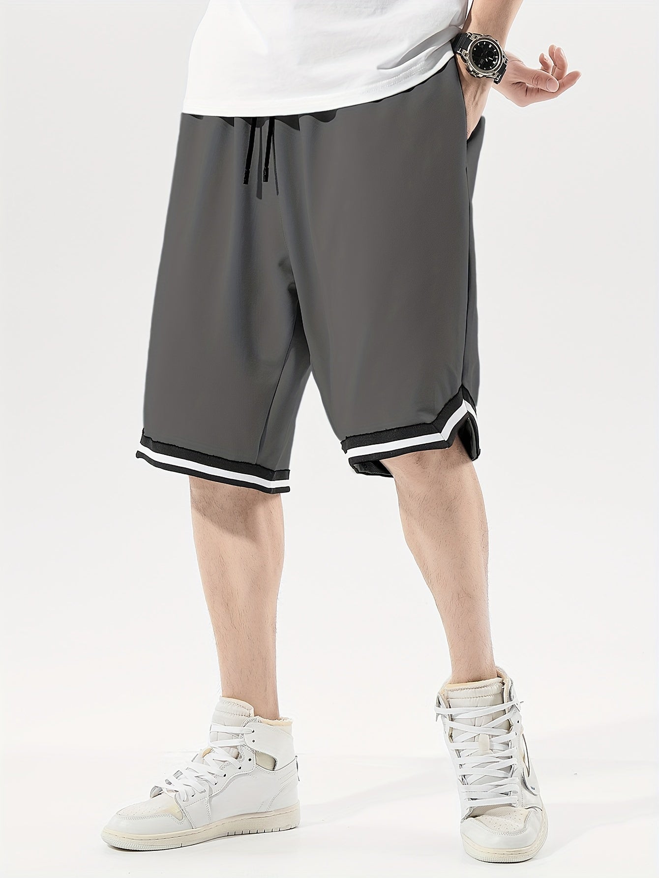 Men's plus size sports shorts with geometric pattern, loose fit, knit polyester fabric, mid-length, 250g/m² weight - perfect for comfortable summer wear.