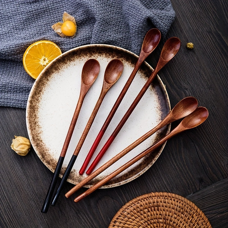 Long handle log coffee spoon set, including stirring spoon, honey spoon, small spoon, and wooden mouth spoon.