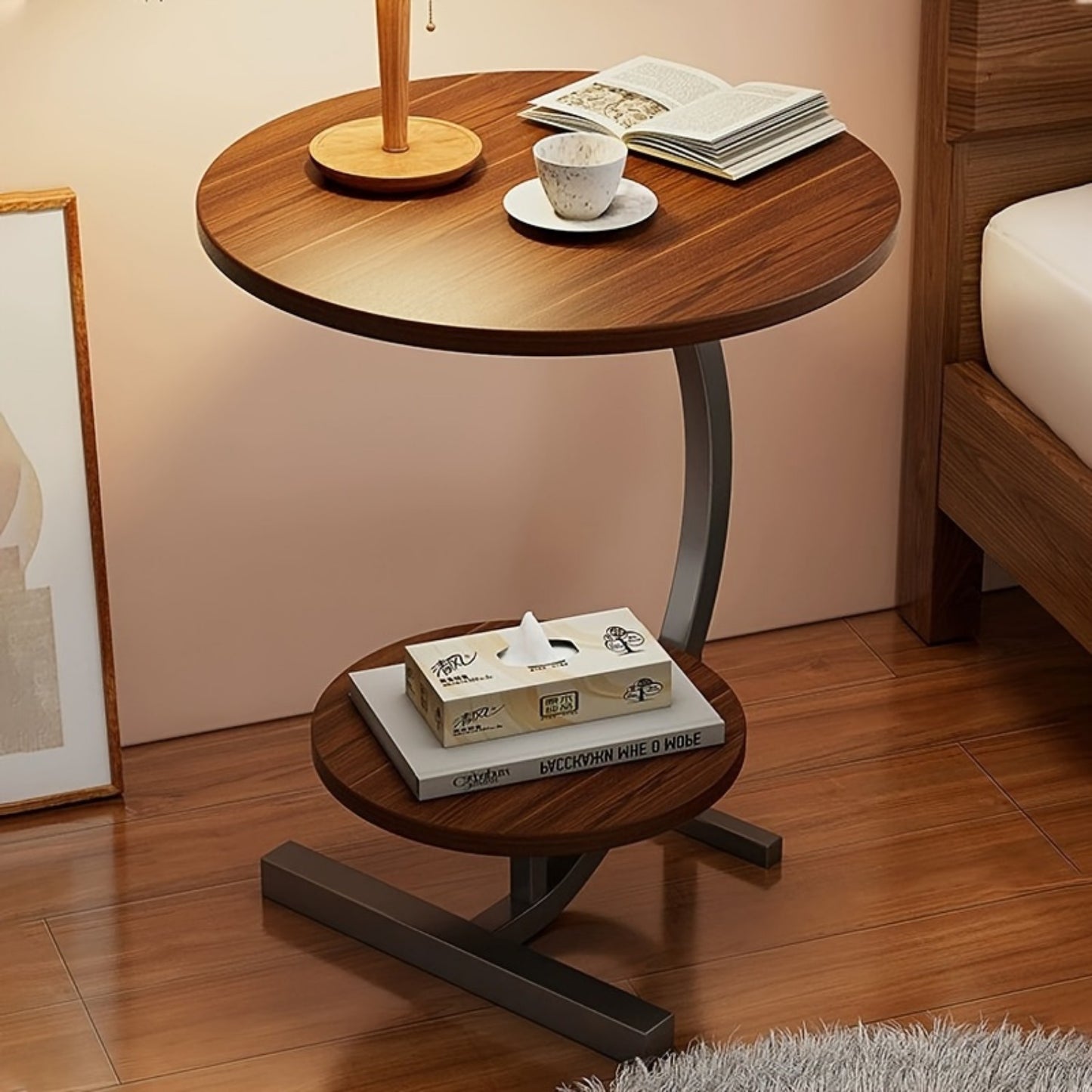 40.13cm chic circular coffee table with waterproof double-layer design, easy assembly, solid wood top, and sturdy metal base for indoor use.