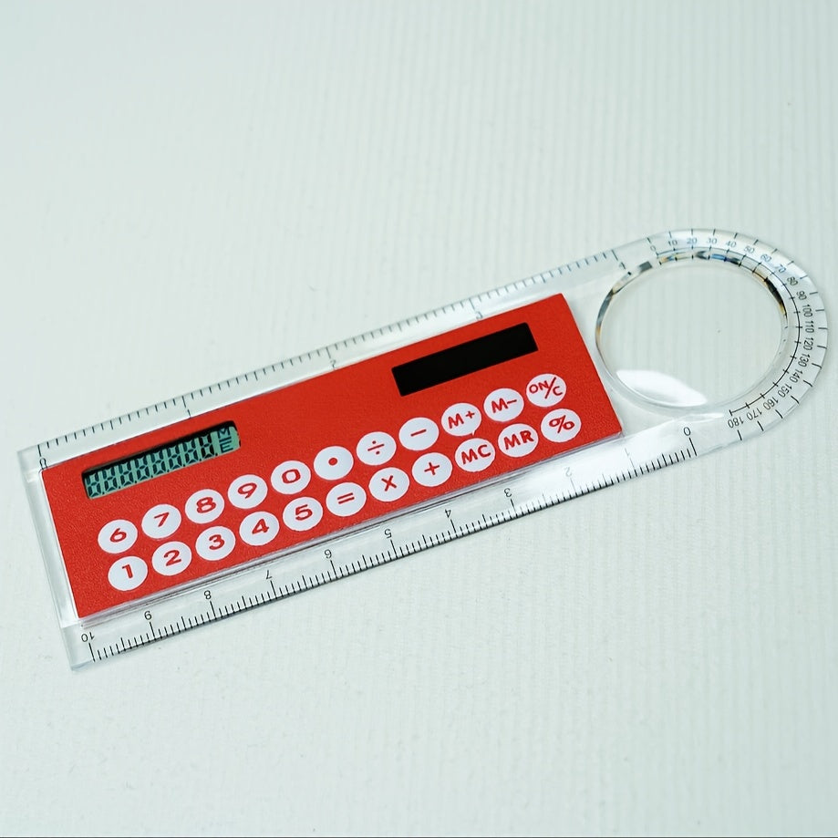 Mini Ultra-Thin Solar Calculator Ruler with Magnifying Glass - 10cm School/Office Supplies