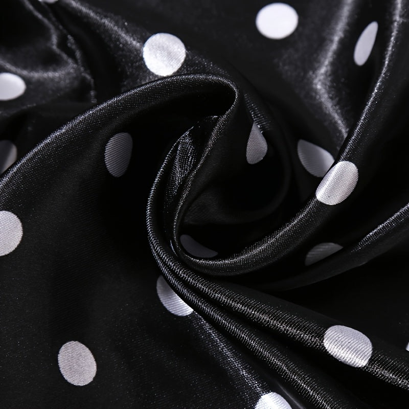 Lightweight silk faux scarf with fashion satin polka dot print, measures 88.9cm square.