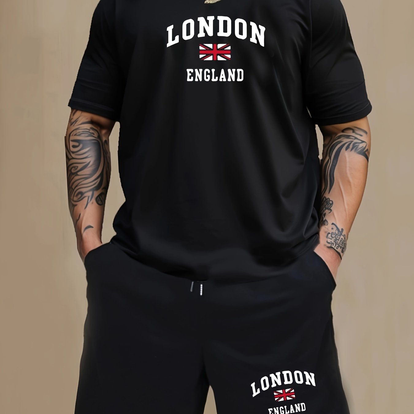 2 sets of men's pajamas with LONDON ENGLAND British flag print, short-sleeve shirts, and shorts for summer loungewear. Comfortable and stylish.