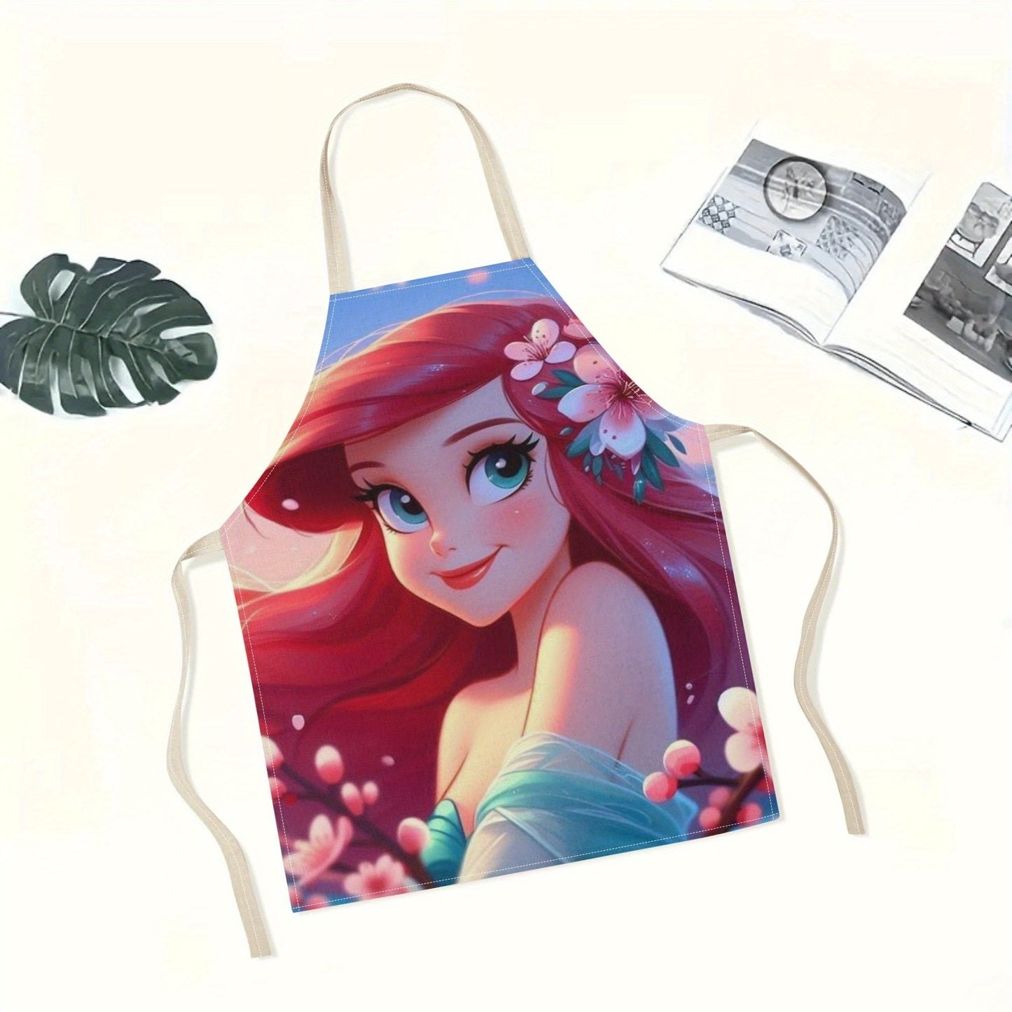 Elegantly stylish 1pc Disney Elsa Princess Cartoon Printed Apron, made with waterproof polyester woven fabric featuring a floral pattern. Perfect for use in the home, hotel, supermarket, restaurant, fruit shop, and milk tea stand.