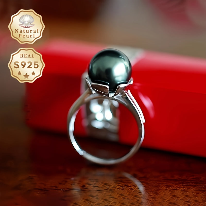 Unlock a truly special gift with this must-have item - a stunning Pearl Ring featuring a 10-11mm Round Deep Sea Tahitian Black Pearl set in S925 Silver. Each Women's Open Ring is unique, showcasing Haimou natural pearls with varying shapes and colors.