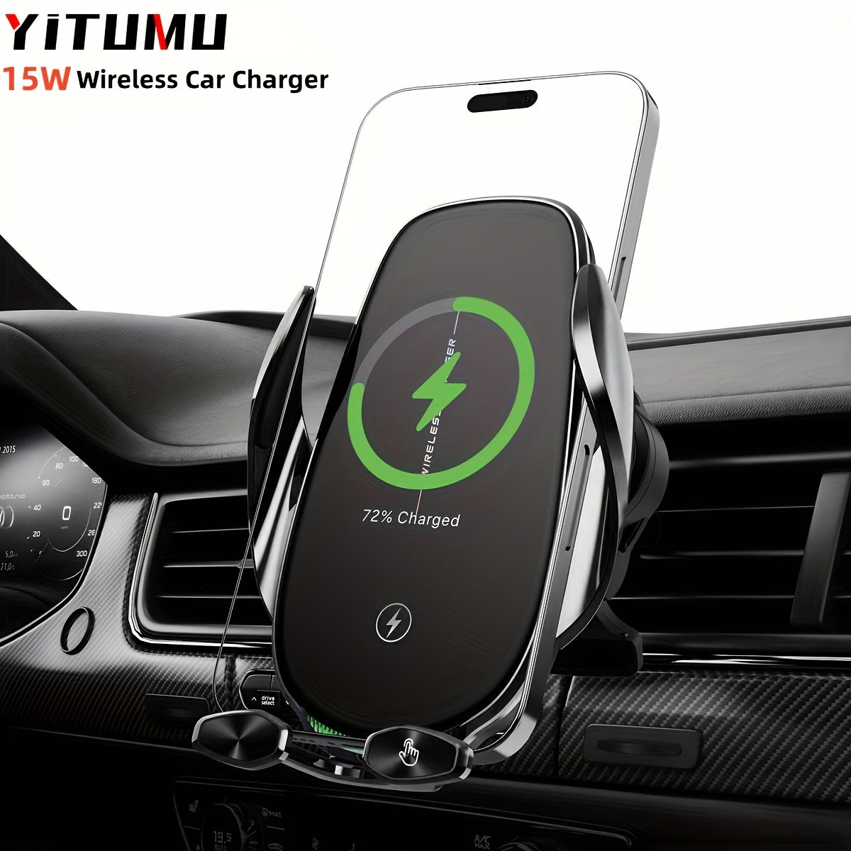 YITUMU Wireless Car Charger Holder for iPhone and Samsung Galaxy, 15W Fast Charging Auto Clamp Phone Holder for Dashboard or Vent.