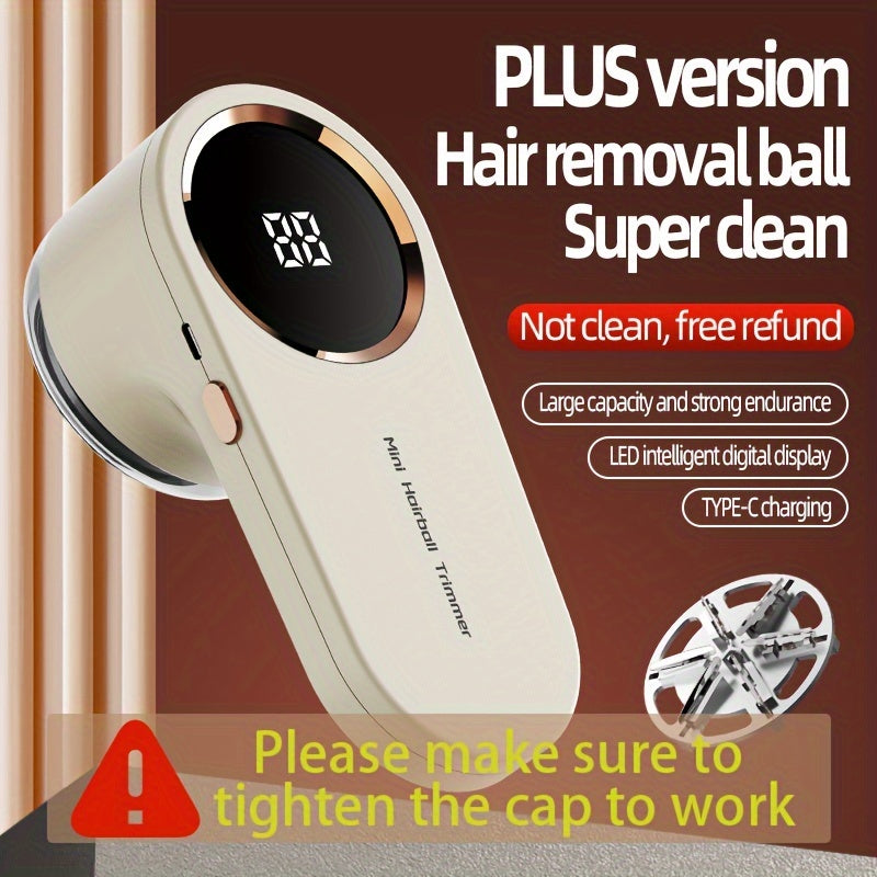 Lint remover ball, rechargeable via USB, fabric shaver/trimmer, power display, ideal for home, travel, and grooming.