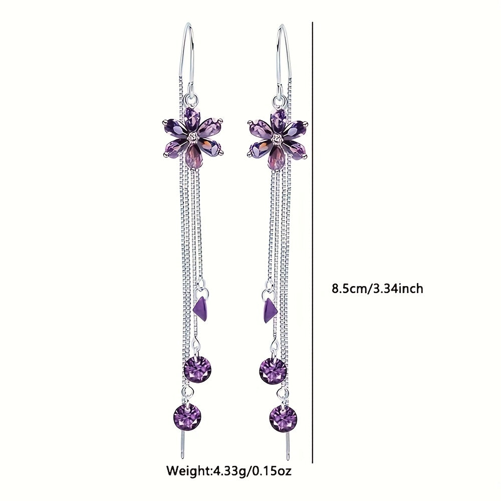 Pair of 925 Sterling Silver Purple Flower Tassel Earrings, Elegant and Versatile for Everyday Wear, Beautiful Jewelry Gift Weighing Approximately 4.33g