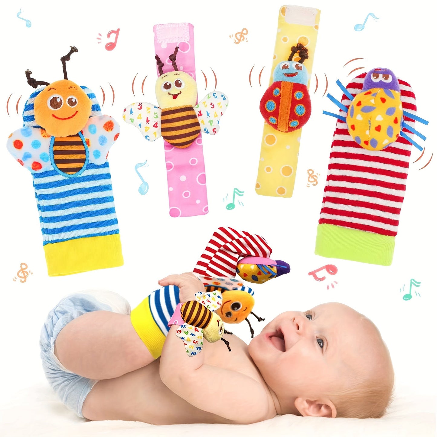 XLiKaa Baby Rattle Socks and Wrist Rattles Set made from soft sensory cotton material for infant hand and foot development, vision and hearing development, and color cognition. Perfect as a baby gift.