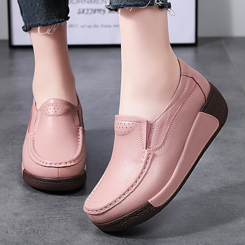 Women's slip-on loafers with mid-top design, round toe, mid heel, split cow faux leather upper, faux leather sole, all-season comfort.