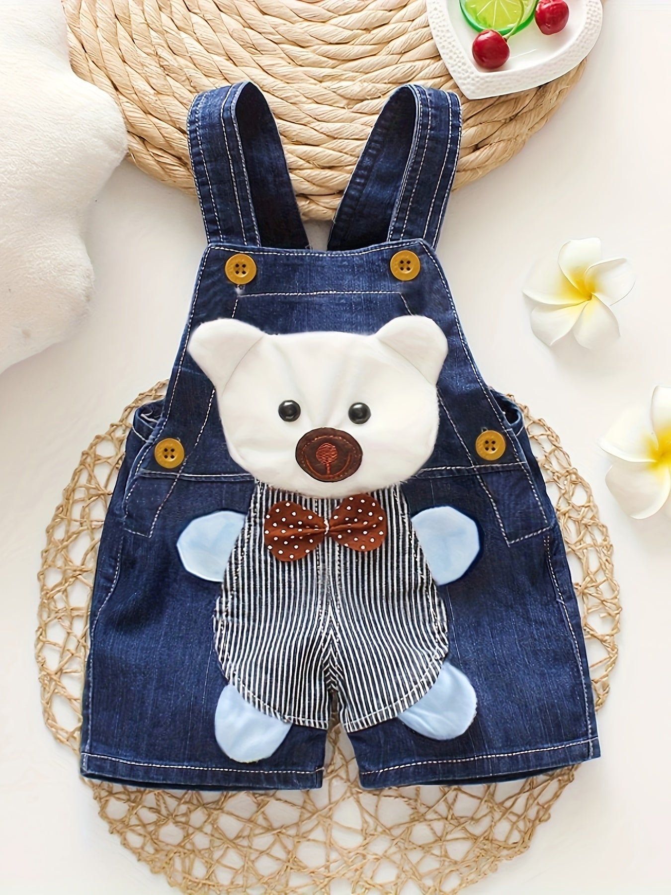 Bear-themed baby denim overalls shorts for summer