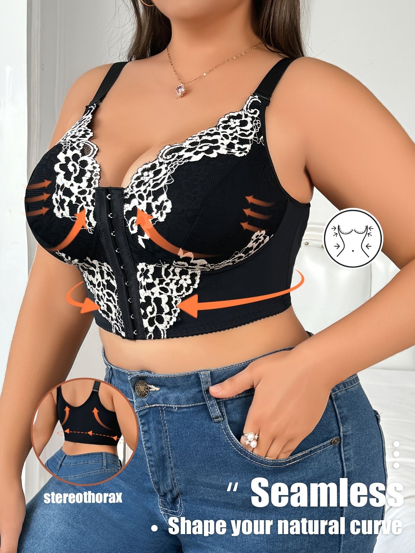 1pc Elegant plus size lace bra with front closure, floral pattern, wireless, no padding, medium stretch, polyamide fabric, contrast lace detail.