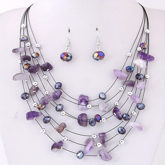 Beautiful Boho-Chic Crystal Necklace and Earrings Set with Sparkling Layers - Ideal Present for Women, Versatile for all Seasons