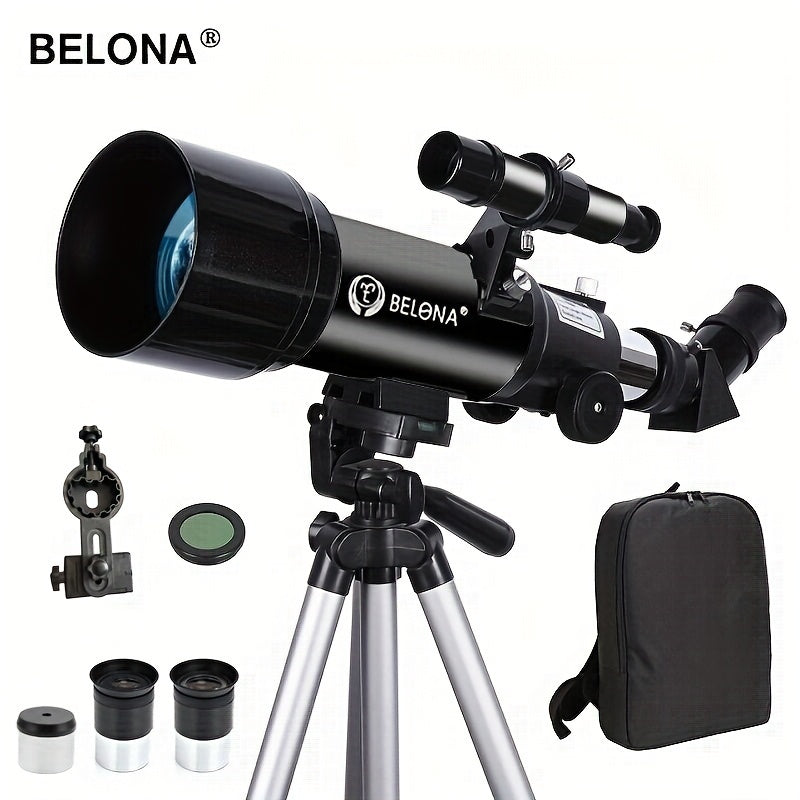 Adults' 70mm aperture 400mm AZ telescope for astronomy. Ideal for beginners and stargazing. Includes smartphone adapter and wireless remote.