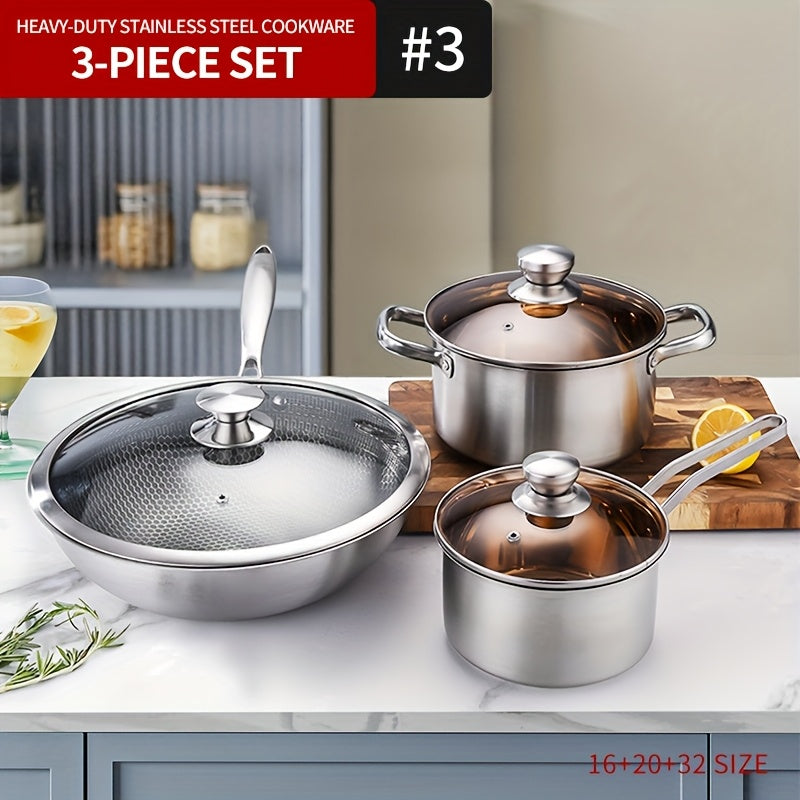 Set of 3 Stainless Steel Cookware Pieces - Includes a Soup Pot, Saucepan, and Wok with Thickened Construction - Ideal for Both Home Cooks and Professional Chefs