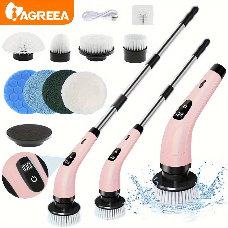 IAGREEA Electric Spin Scrubber 8 Brush Heads - Cordless Power Scrubber with USB Rechargeable, Adjustable Extension Handle, Digital Display, Medium Firmness for Efficient Cleaning in Bathroom, Kitchen, Toilet, Living Room, Car - Multipurpose Cleaning Tool