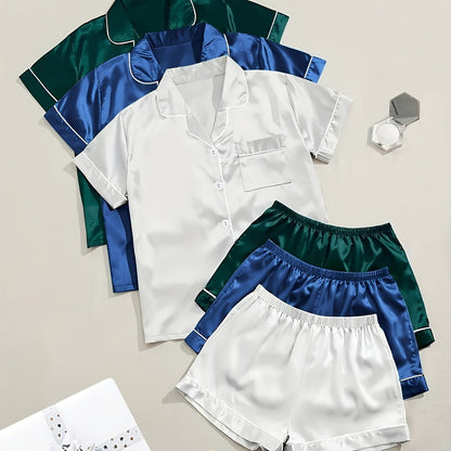 Solid satin pajamas with short sleeve button top and elastic shorts for women's sleepwear.