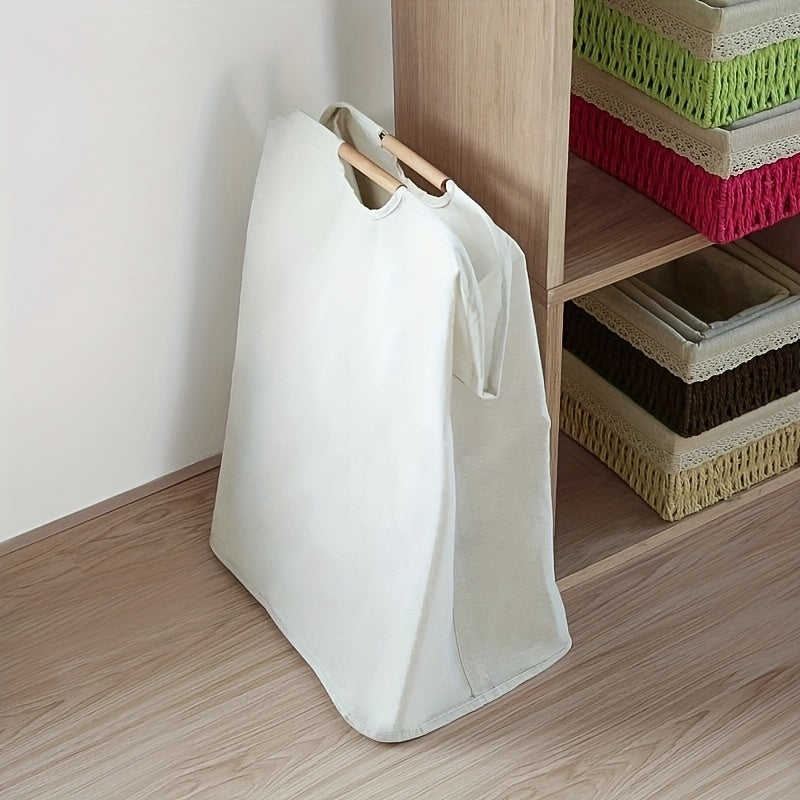 A foldable laundry basket that is perfect for storing dirty clothes, whether it be in the bathroom or in the laundry room. Made of fabric, this portable storage solution is both practical and stylish.