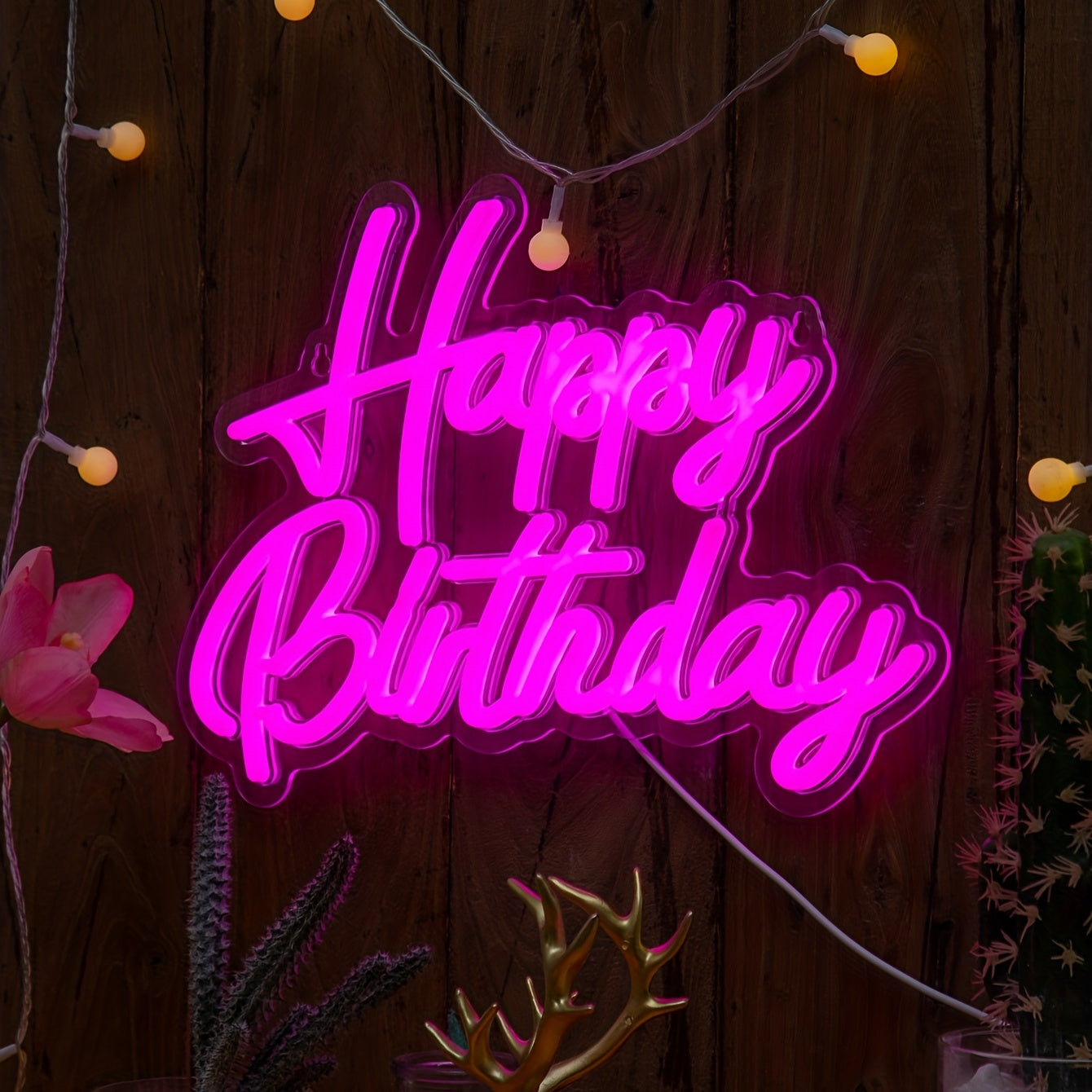 Happy Birthday Neon Sign; USB-powered plastic wall light with switch control, perfect for birthday party decor.